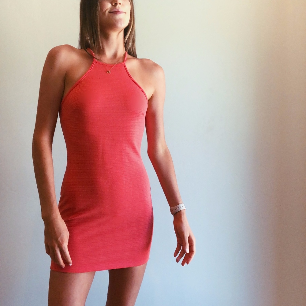 Bright Coral High Neck Bandage Dress